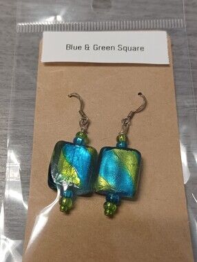 Blue & Green Square Glass Dangle Earrings